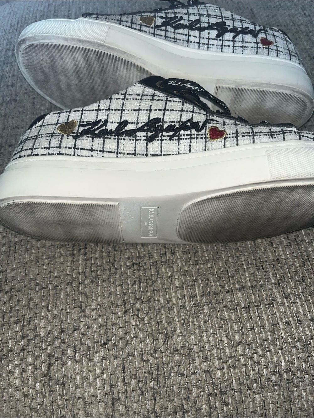 Karl Lagerfeld Black & White Tweed Sneakers with Red Heart Charms - Picture 10 of 11